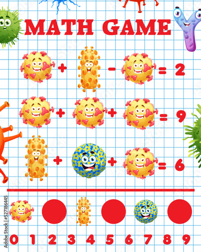 Cartoon virus and microbe characters. Math game worksheet for children, school mathematics skills development. Vector quiz riddle for kids education with cute germ, virus, microbe and bacteria