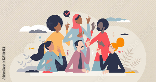 Multiculturalism and different racial diversity society tiny person concept. Community with various culture and race differences vector illustration. Integration and friendly solidarity for all groups photo