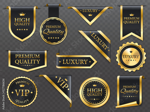 Premium, luxury golden labels, banners and ribbon corners, vector premium quality badges. Luxury tags and VIP product gold emblems or sticker seals with premium quality star and crown on silky ribbon