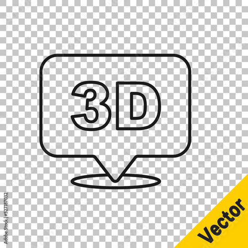 Black line 3D word icon isolated on transparent background. Vector