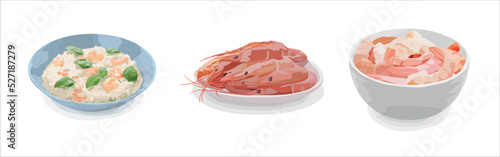 Group of tasty dishes with shrimps on white background