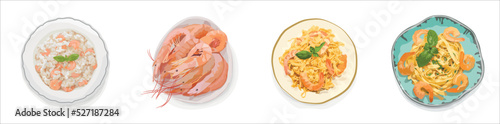 Set of tasty dishes with shrimps on white background