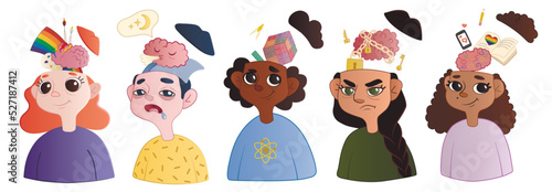 Set of children with different brains on white background