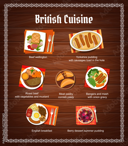 British cuisine menu. Beef Wellington, Yorkshire pudding with sausages and roast beef, meat pastry cornish pasty, bangers and mash with onion gravy, English breakfast, berry dessert summer pudding