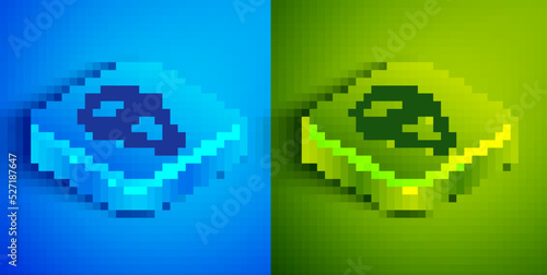 Isometric line Fire cone bucket icon isolated on blue and green background. Metal cone bucket empty or with water for fire fighting. Square button. Vector