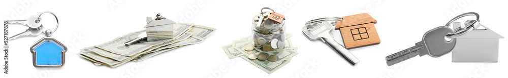 Set of keys from house and money on white background Set of keys from house and money on white background