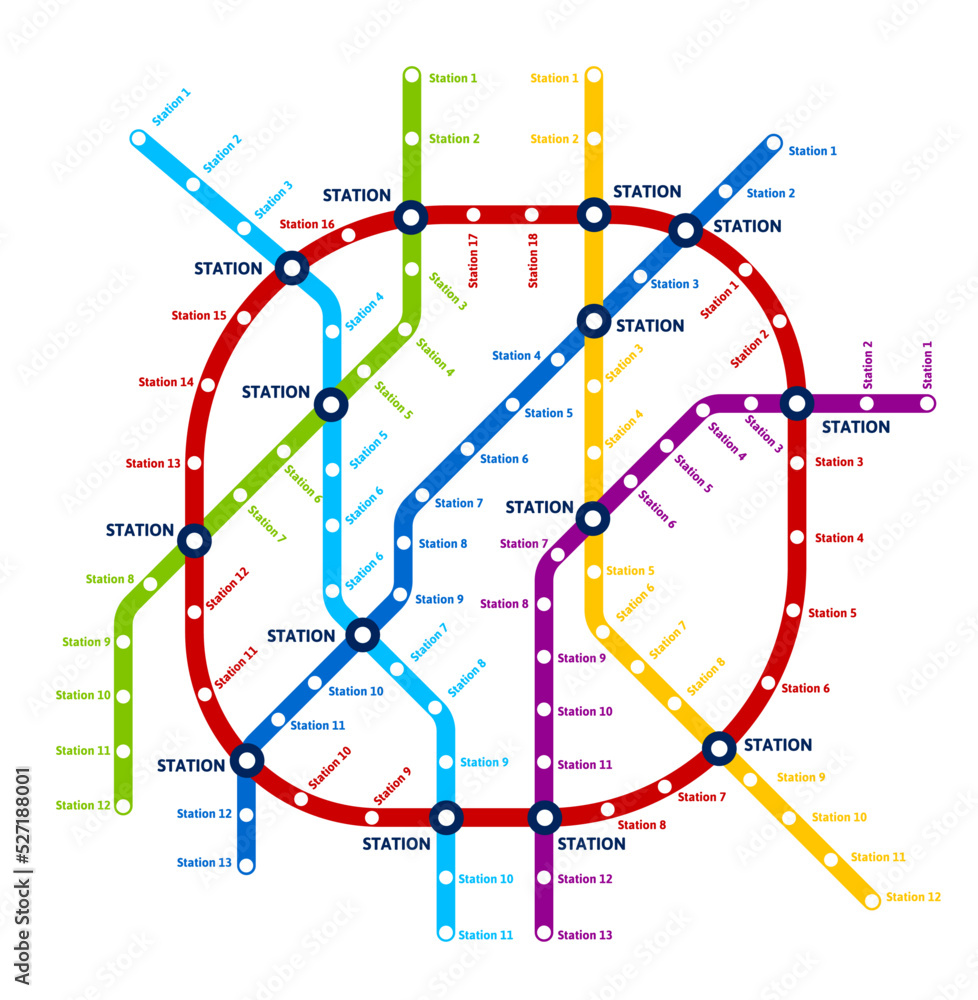 Metro, subway, underground transport map. Vector line plan with railway tube stations, abstract