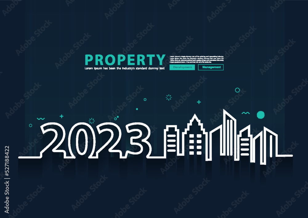 Happy new year 2023 city skyline line art creative design, With property management development idea concept, Vector illustration modern page cover layout template
