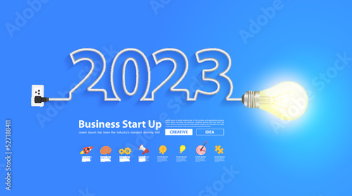2023 new year design with creative light bulb idea, Inspiration business plan, marketing strategy, teamwork, brainstorm ideas concept, Vector illustration modern design layout template