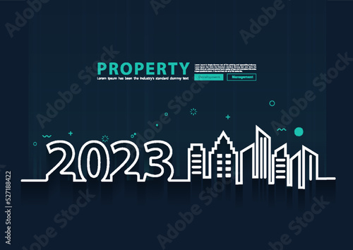 Happy new year 2023 city skyline line art creative design  With property management development idea concept  Vector illustration modern page cover layout template