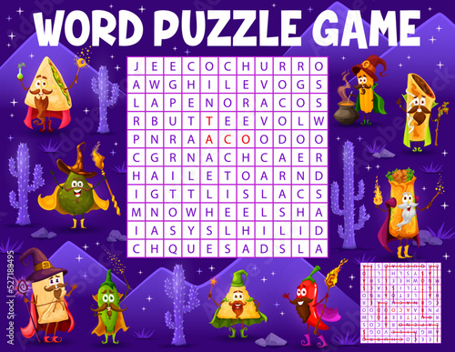 Word search puzzle game cartoon tex mex mexican food wizard characters. Vector chili, tacos and enchiladas, quesadilla and chimichanga. Tamales, burrito, churros and jalapeno, nachos, avocado