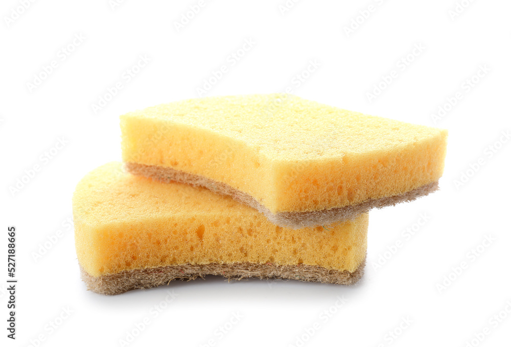 Household sponges on white background