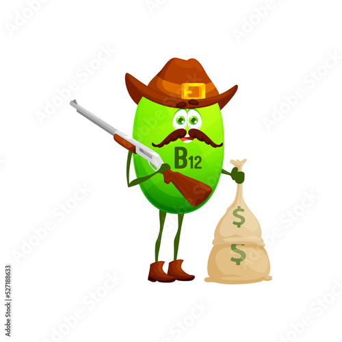 Cartoon vitamin ranger character with money. B12 cowboy personage with rifle gun and sack. Isolated vector robber wear ranger hat and boots robbed bank. Funny green capsule character