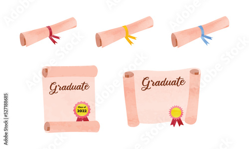 Set of graduation diploma opened and scroll clipart. Simple diploma scroll with ribbon watercolor vector illustration isolated on white background. Graduation degree scroll cartoon clipart