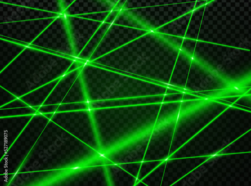 Crossed green laser beam lights. Abstract vector background with neon glowing rays. Night club illumination, bank security protection net, laser lines and flare flash on transparent backdrop
