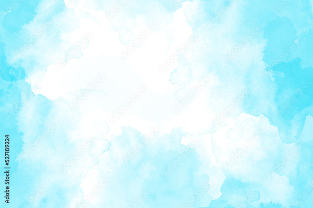 Grunge light sky blue shades and cloud watercolor background.
 Aquarelle paint paper textured canvas for Turquoise color handmade illustration, vintage text design, retro greeting card, template. 