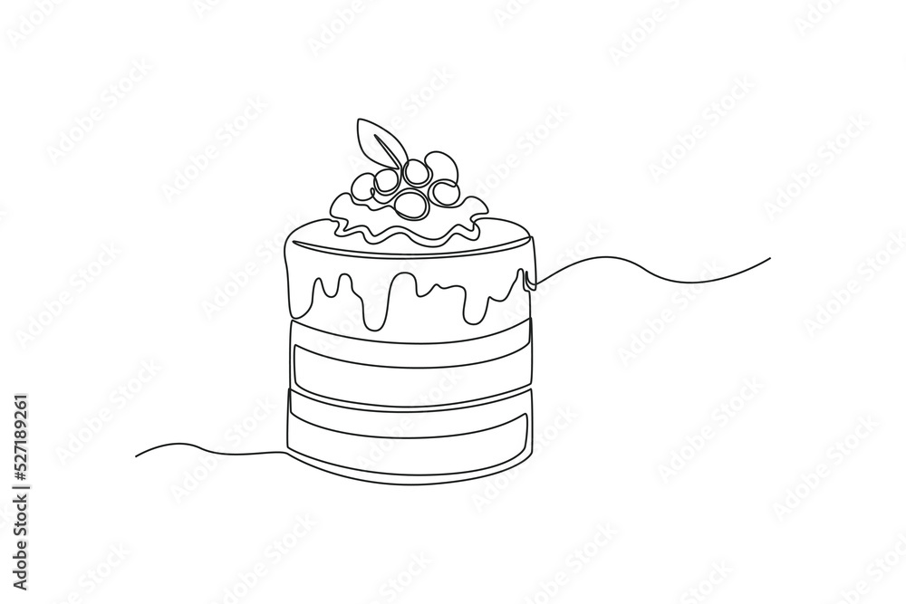 Continuous one line drawing shortcake decorated with cream. Dessert