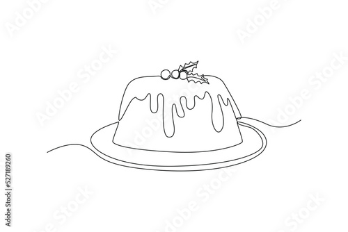 Continuous one line drawing pudding with berry on a plate. Dessert concept. Single line draw design vector graphic illustration.