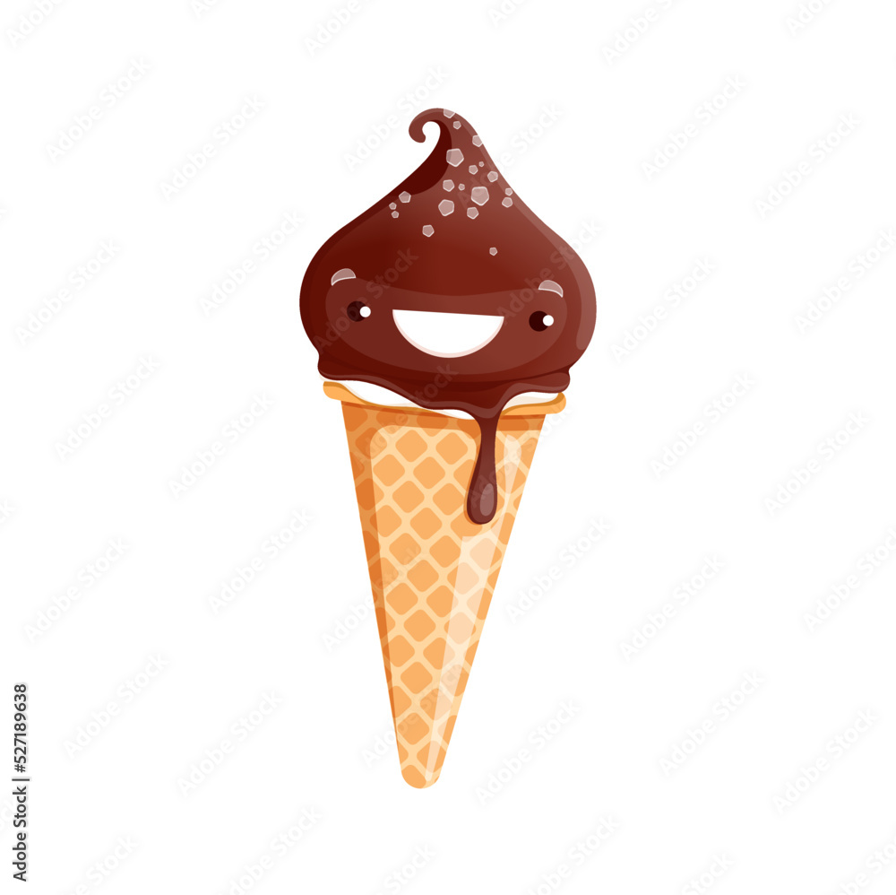 Cartoon chocolate ice cream character. Vector kawaii waffle cone dessert, cute personage with choco, glaze and sprinkles. Isolated smiling ice cream, refreshment summer snack Cartoon chocolate ice cream character. Vector kawaii waffle cone dessert, cute personage with choco, glaze and sprinkles. Isolated smiling ice cream, refreshment summer snack