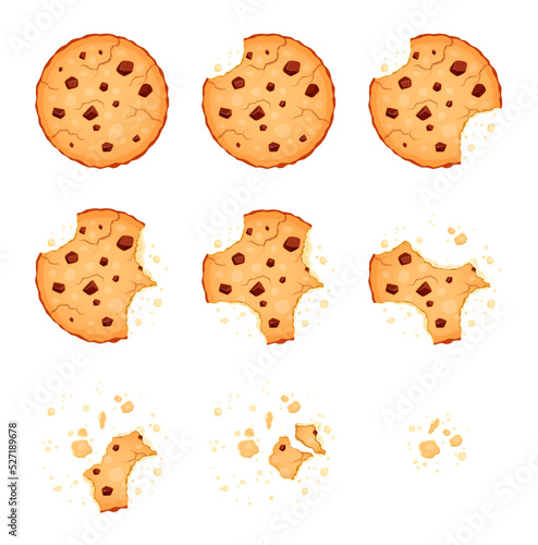 Crumble biscuit cookie animated sprite. Vector crunchy dessert with chocolate pieces and crumbs. 2d cookie for cartoon game, whole and bitten dessert disappear animation. Isolated homemade bakery
