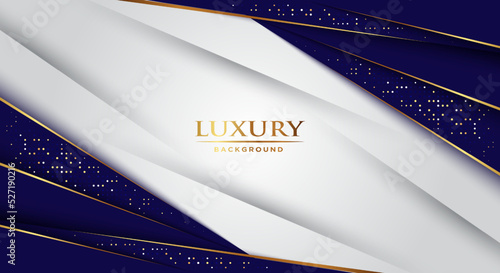 Blue and white triangle shapes overlapped on background with glow golden striped lines and glitter.