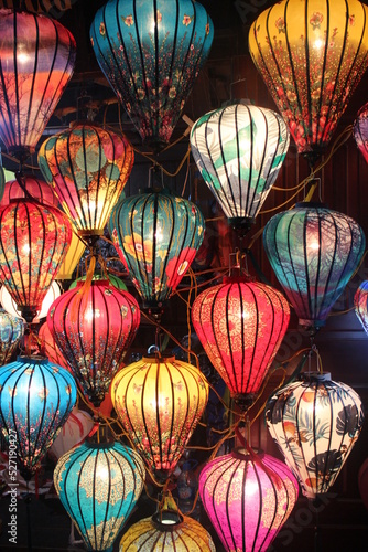 Colorful lanterns in a night market in Asia. Home lanterns decoration from Vietnam. Traditional lights. 
