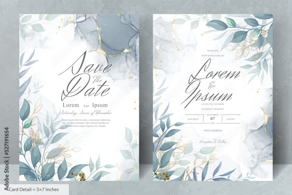 Elegant Wedding Invitation Card with Watercolor and Greenery Leaves