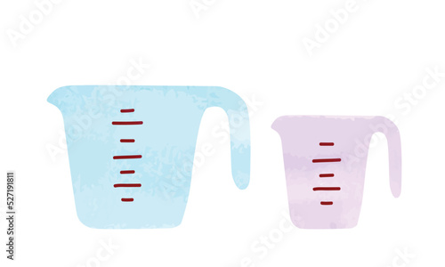 Set of kitchen measuring cup watercolor style vector illustration isolated on white background. Empty plastic measuring cup clipart. Measuring cups cartoon doodle style drawing