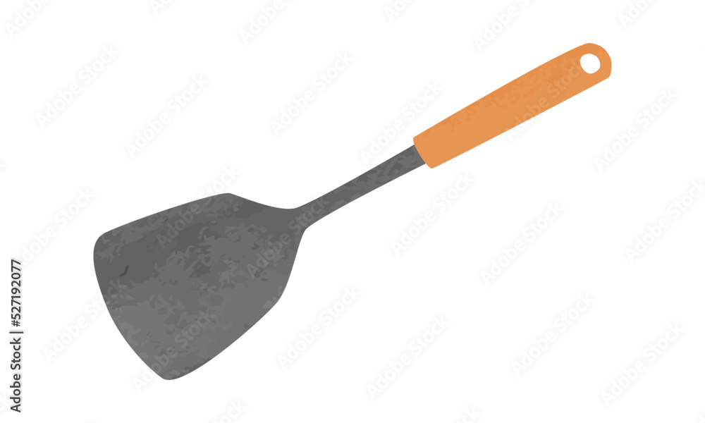 Simple kitchen spatula with wooden handle watercolor vector illustration isolated on white background. Solid spatula clipart. Kitchen turner cartoon style. Spatula hand drawn