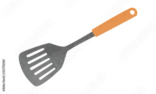 Simple kitchen spatula with wooden handle watercolor vector illustration isolated on white background. Slotted spatula clipart. Kitchen turner cartoon style. Spatula hand drawn