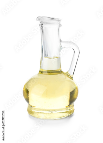 Decanter with sunflower oil on white background