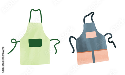 Kitchen apron set clipart. Multicolored apron watercolor style vector illustration isolated on white background. Clothing for kitchen cooking cartoon drawing. Simple cook uniform doodle style