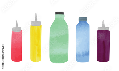 Set of kitchen plastic bottles clipart. Sauces bottle watercolor watercolor style vector illustration isolated on white background. Simple kitchen bottle cartoon drawing