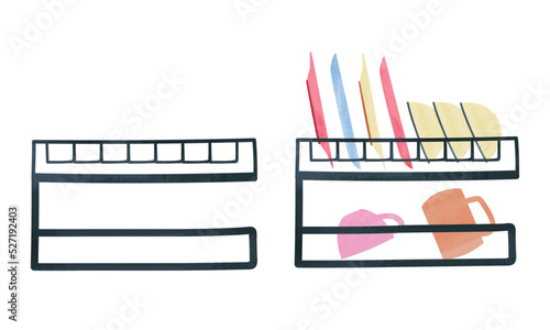 Simple dish rack watercolor style. Dish rack clipart. Dish drying rack vector design illustration isolated on white background. Dish dryer with plates, bows, mug, cup cartoon drawing. Kitchen utensils