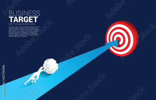 Silhouette of businessman pushing the rock on arrow to target. Concept of business challenge and work hard.