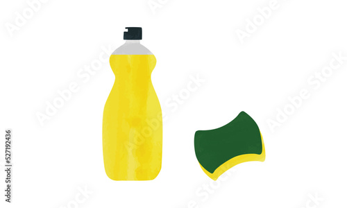 Plastic bottle of detergent and sponge watercolor style. Dish soap bottle clipart. Bottle with detergent clipart vector illustration isolated on white background. Sponge washing pad cartoon drawing