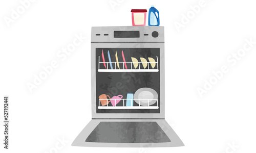 Fototapeta Naklejka Na Ścianę i Meble -  Opened dishwasher and detergent watercolor style vector illustration isolated on white background. Simple dishwasher clipart. Closed modern dishwasher front view cartoon drawing. Kitchen appliances