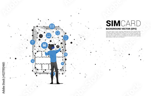 Silhouette man wear VR glasses and dot connect line shaped sim card icon. Concept for mobile sim card technology and network. © Panithan