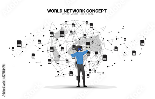 Silhouette man wear VR glasses and dot connect line and sim card icon. Concept for mobile sim card technology and network.