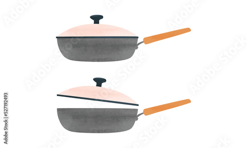Simple kitchen deep frying pan watercolor style vector illustration isolated on white background. Deep frying pan with lid clipart. Kitchen utensils cartoon hand drawn clipart. Vector design