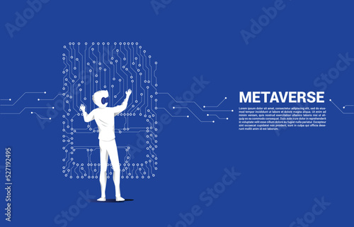 Silhouette man wear VR glasses and dot connect line shaped sim card icon. Concept for mobile sim card technology and network.