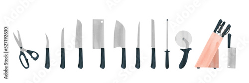 Set of kitchen knives watercolor style vector illustration isolated on white background. Kitchen knives set clipart. Butcher equipment and cooking tools. Kitchen utensil cartoon drawing. Vector design