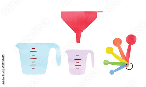 Set of kitchen measuring cups, measuring spoons and funnel watercolor style vector isolated on white background. Measuring cup and measuring spoons use in cooking clipart. Kitchen utensils cartoon