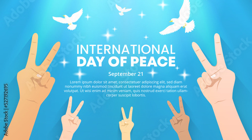 International day of peace background with pigeons and peace hands