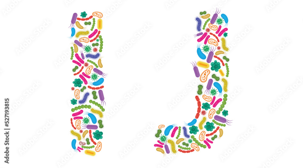 Vector alphabet I J made of Bacteria isolated on white background, bacteria font. Vector illustration. - obrazy, fototapety, plakaty 