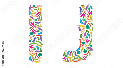 Vector alphabet I J made of Bacteria isolated on white background, bacteria font. Vector illustration.
