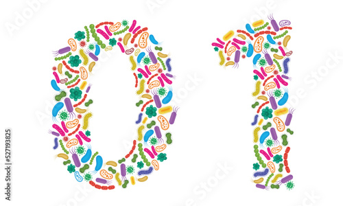 Number 0 1 made of Bacteria isolated on white background, bacteria font. Vector illustration.