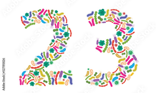 Number 2 3 made of Bacteria isolated on white background, bacteria font. Vector illustration.