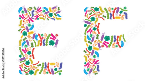 Vector alphabet E F made of Bacteria isolated on white background, bacteria font. Vector illustration.
