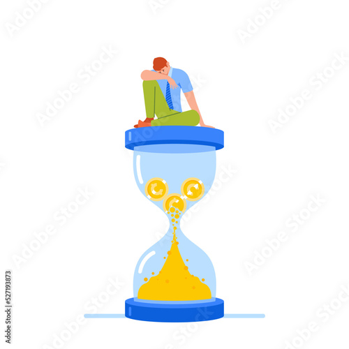 Businessman Sitting on Huge Hourglass and Sleeping. Tired Business Man Work Procrastination, Loosing Time Concept